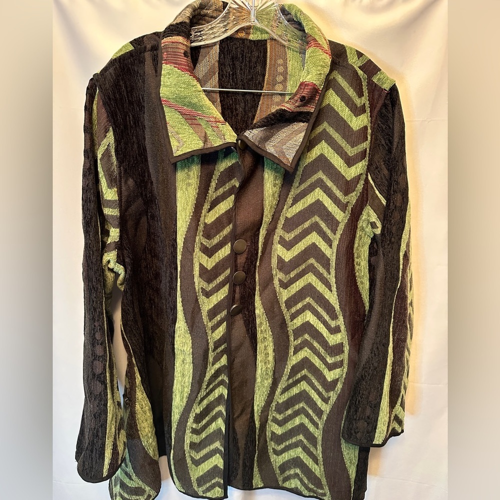 NWT I Reversibles Women’s 1X Green Black Abstract Button Front Jacket Reversible